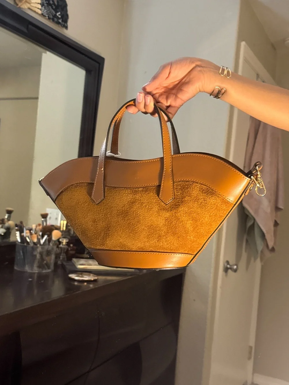 Structured Cognac Brown Suede & Leather like Tote